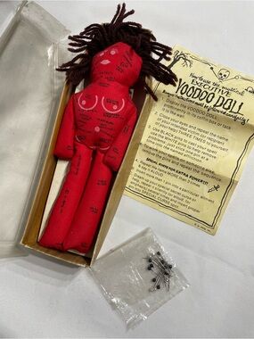 9” Voodoo Doll Good Condition Coffin Box is a bit beat up includes pins & instru
